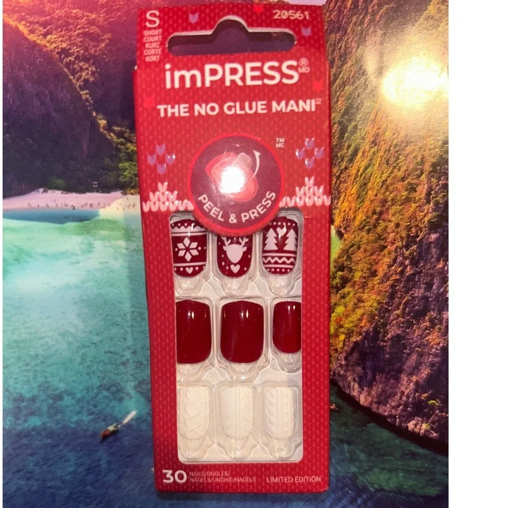 imPRESS Press-On Nails Feelin' Festive Red White Christmas Sweater Short New